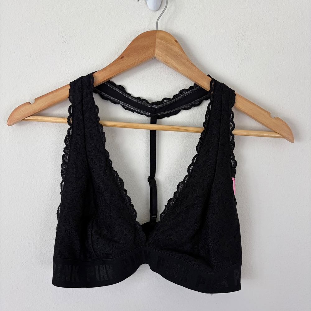 Victoria's Secret‎ PINK Black Floral Lace Bralette Racerback T-Strap Large L